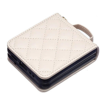 For Samsung Galaxy Z Flip4 5G Leather Back Case Rhombus Phone Cover with Shoulder Strap