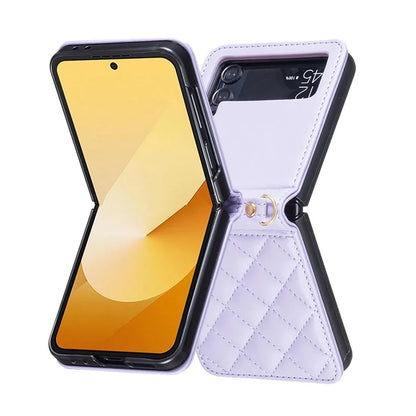 For Samsung Galaxy Z Flip4 5G Leather Back Case Rhombus Phone Cover with Shoulder Strap