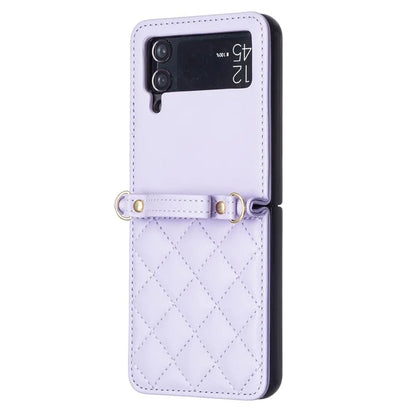 For Samsung Galaxy Z Flip4 5G Leather Back Case Rhombus Phone Cover with Shoulder Strap
