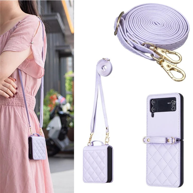 For Samsung Galaxy Z Flip4 5G Leather Back Case Rhombus Phone Cover with Shoulder Strap