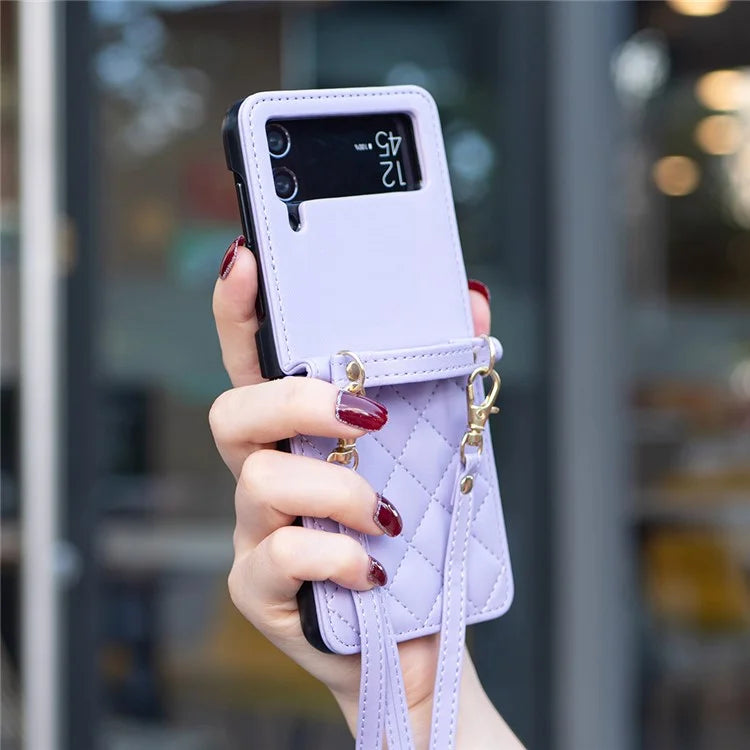 For Samsung Galaxy Z Flip4 5G Leather Back Case Rhombus Phone Cover with Shoulder Strap