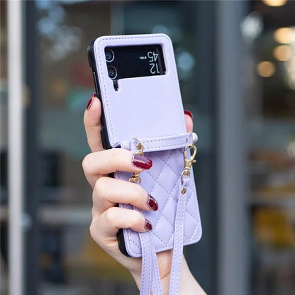 For Samsung Galaxy Z Flip4 5G Leather Back Case Rhombus Phone Cover with Shoulder Strap