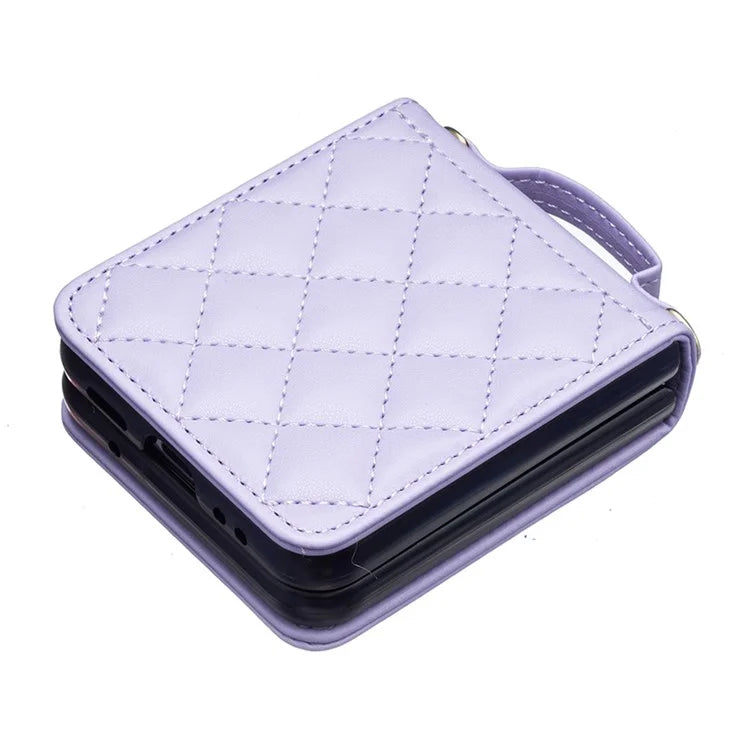For Samsung Galaxy Z Flip4 5G Leather Back Case Rhombus Phone Cover with Shoulder Strap