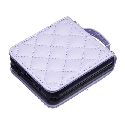 For Samsung Galaxy Z Flip4 5G Leather Back Case Rhombus Phone Cover with Shoulder Strap