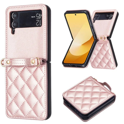 For Samsung Galaxy Z Flip4 5G Leather Back Case Rhombus Phone Cover with Shoulder Strap