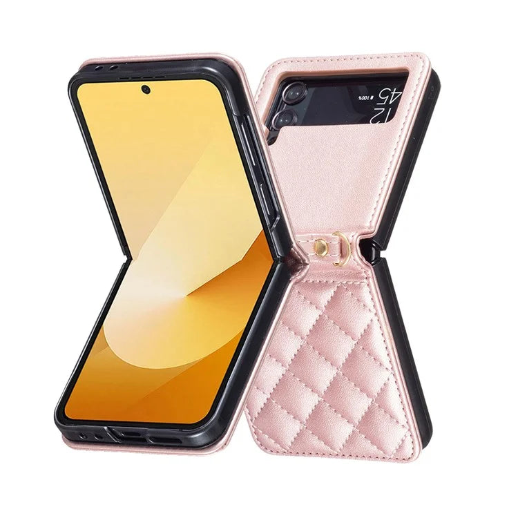 For Samsung Galaxy Z Flip4 5G Leather Back Case Rhombus Phone Cover with Shoulder Strap