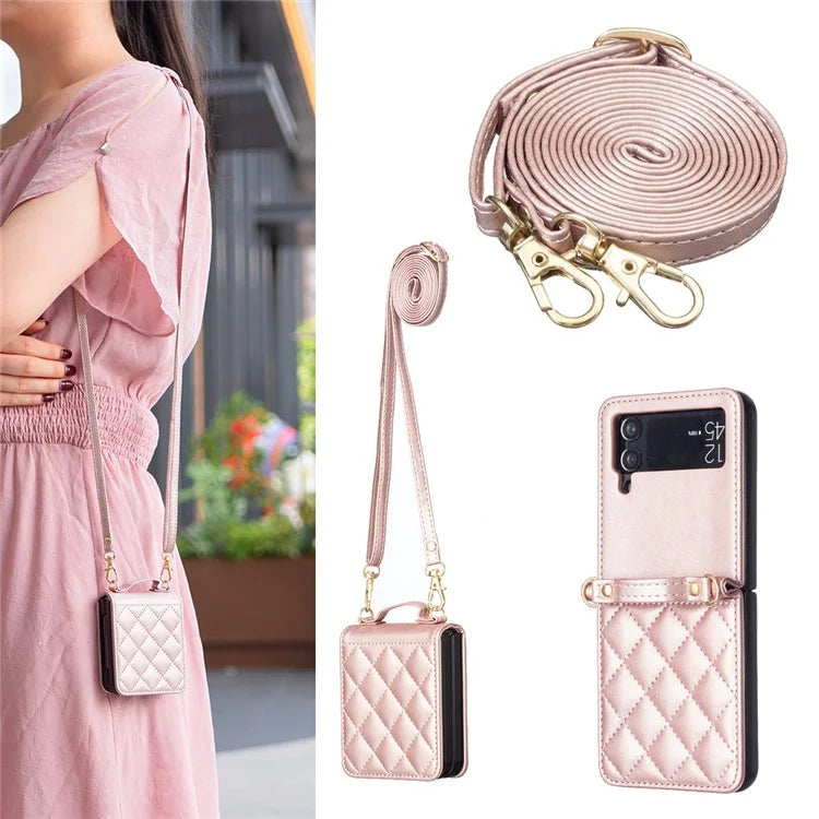 For Samsung Galaxy Z Flip4 5G Leather Back Case Rhombus Phone Cover with Shoulder Strap