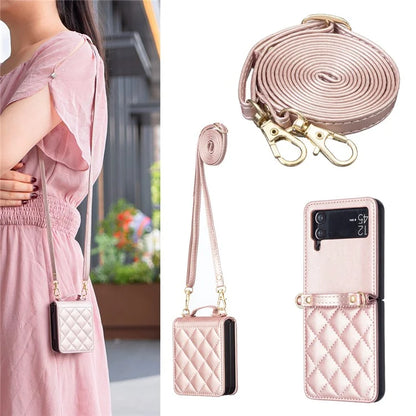 For Samsung Galaxy Z Flip4 5G Leather Back Case Rhombus Phone Cover with Shoulder Strap
