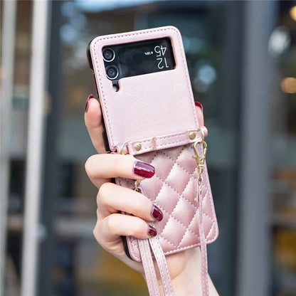 For Samsung Galaxy Z Flip4 5G Leather Back Case Rhombus Phone Cover with Shoulder Strap