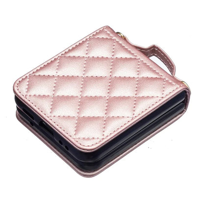 For Samsung Galaxy Z Flip4 5G Leather Back Case Rhombus Phone Cover with Shoulder Strap