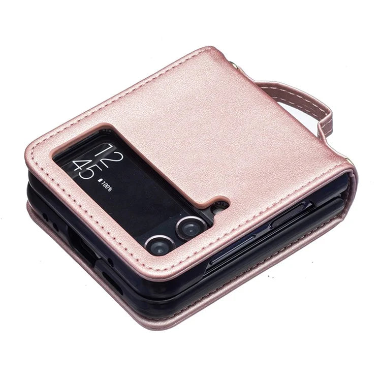 For Samsung Galaxy Z Flip4 5G Leather Back Case Rhombus Phone Cover with Shoulder Strap