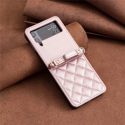For Samsung Galaxy Z Flip4 5G Leather Back Case Rhombus Phone Cover with Shoulder Strap