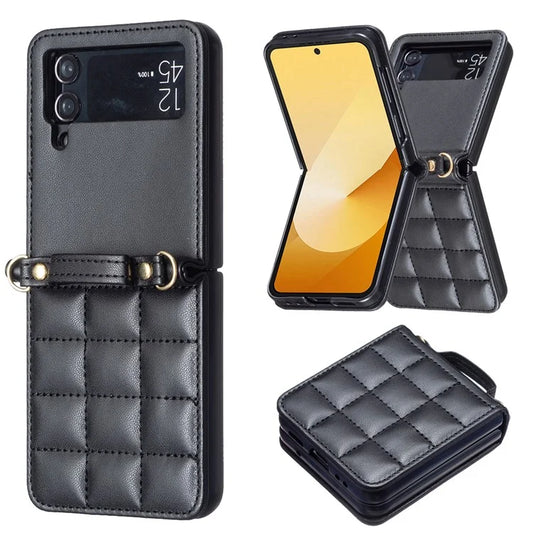 For Samsung Galaxy Z Flip4 5G Phone Case Square Grid Leather Cover with Shoulder Strap