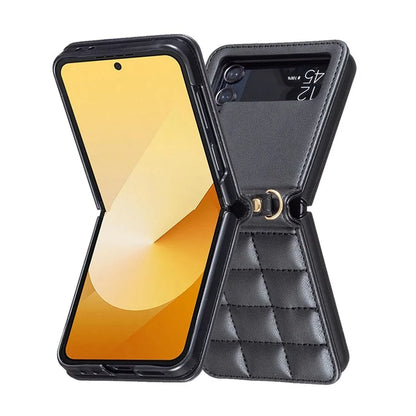 For Samsung Galaxy Z Flip4 5G Phone Case Square Grid Leather Cover with Shoulder Strap