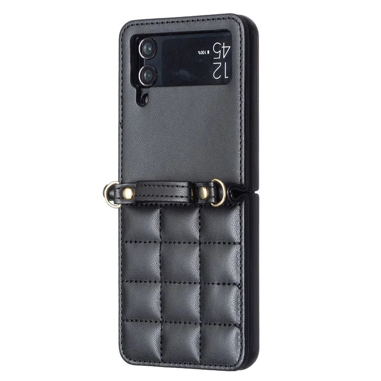 For Samsung Galaxy Z Flip4 5G Phone Case Square Grid Leather Cover with Shoulder Strap