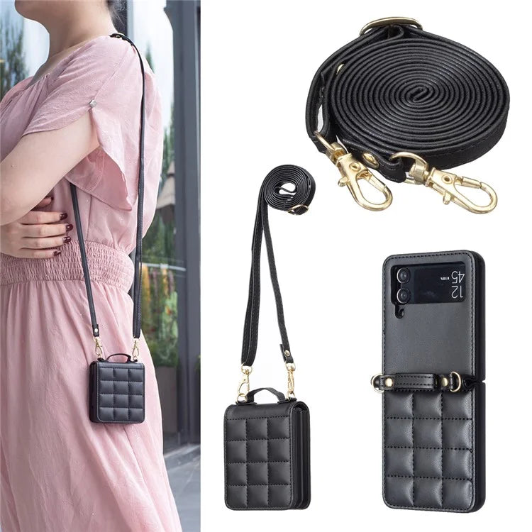 For Samsung Galaxy Z Flip4 5G Phone Case Square Grid Leather Cover with Shoulder Strap