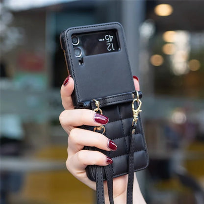 For Samsung Galaxy Z Flip4 5G Phone Case Square Grid Leather Cover with Shoulder Strap