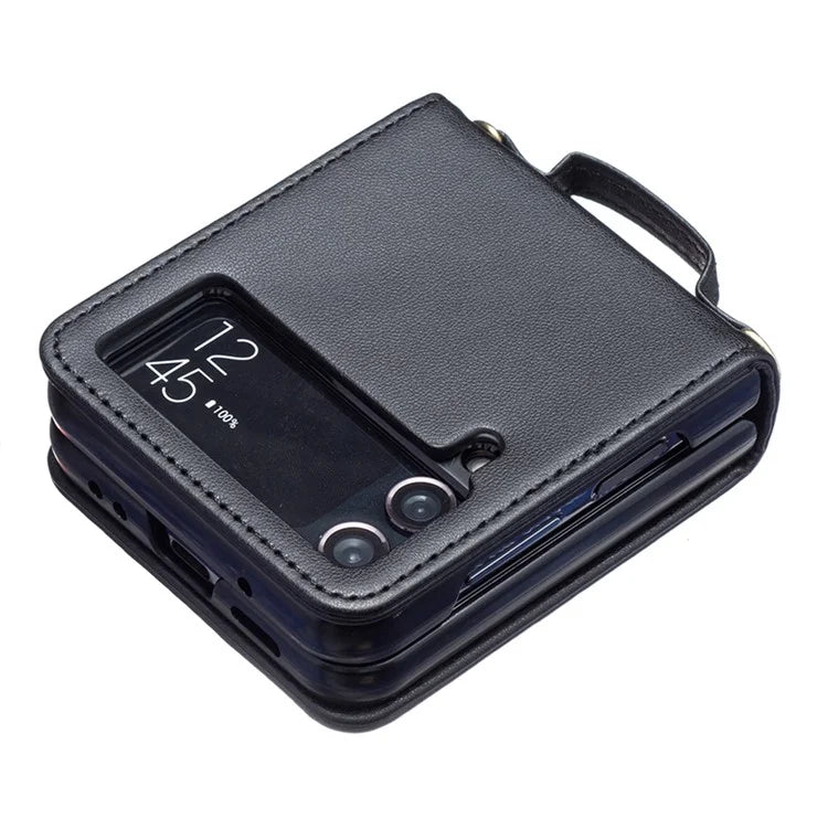For Samsung Galaxy Z Flip4 5G Phone Case Square Grid Leather Cover with Shoulder Strap