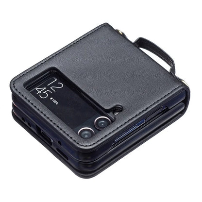 For Samsung Galaxy Z Flip4 5G Phone Case Square Grid Leather Cover with Shoulder Strap