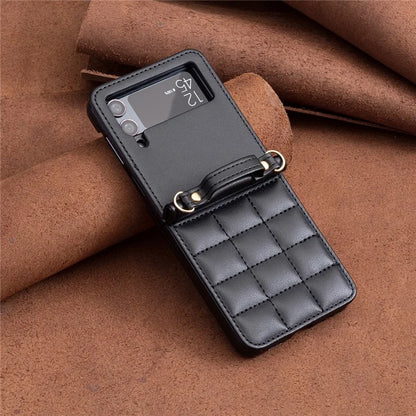 For Samsung Galaxy Z Flip4 5G Phone Case Square Grid Leather Cover with Shoulder Strap