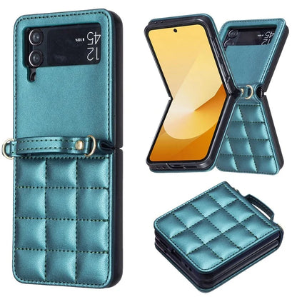 For Samsung Galaxy Z Flip4 5G Phone Case Square Grid Leather Cover with Shoulder Strap
