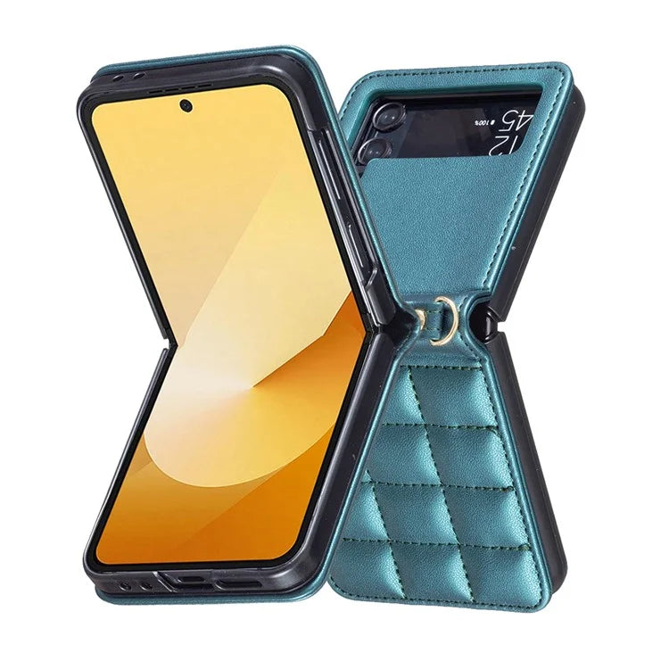 For Samsung Galaxy Z Flip4 5G Phone Case Square Grid Leather Cover with Shoulder Strap