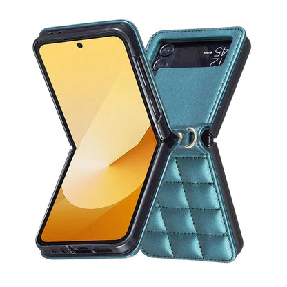 For Samsung Galaxy Z Flip4 5G Phone Case Square Grid Leather Cover with Shoulder Strap