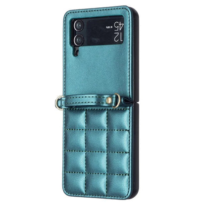 For Samsung Galaxy Z Flip4 5G Phone Case Square Grid Leather Cover with Shoulder Strap