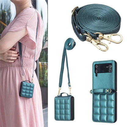 For Samsung Galaxy Z Flip4 5G Phone Case Square Grid Leather Cover with Shoulder Strap