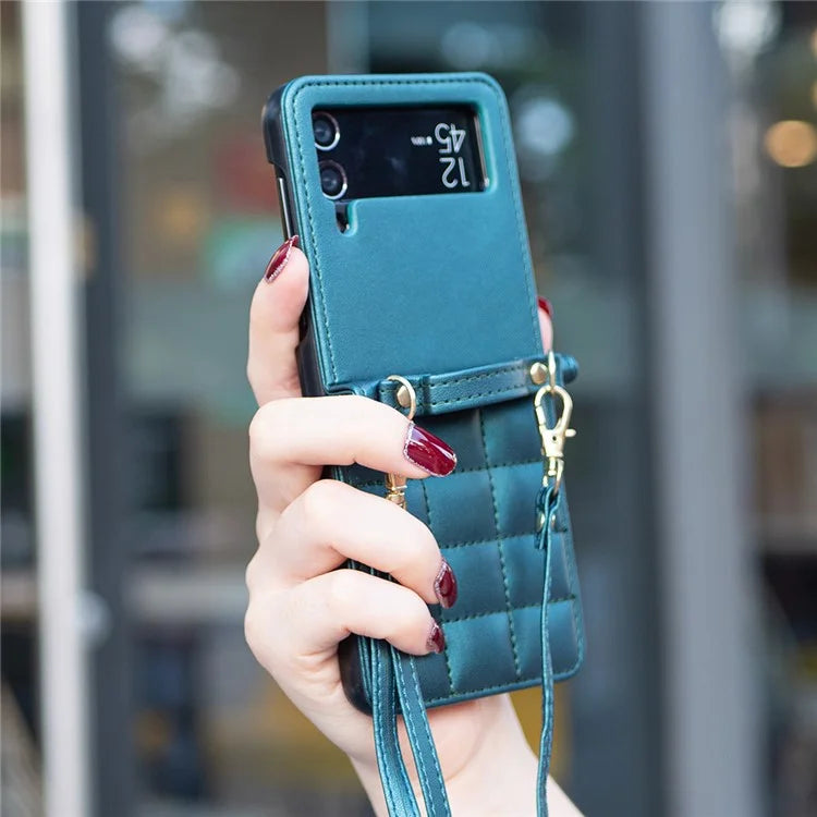 For Samsung Galaxy Z Flip4 5G Phone Case Square Grid Leather Cover with Shoulder Strap