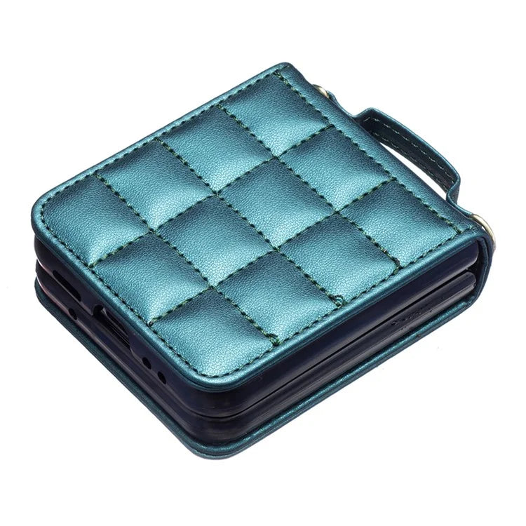 For Samsung Galaxy Z Flip4 5G Phone Case Square Grid Leather Cover with Shoulder Strap