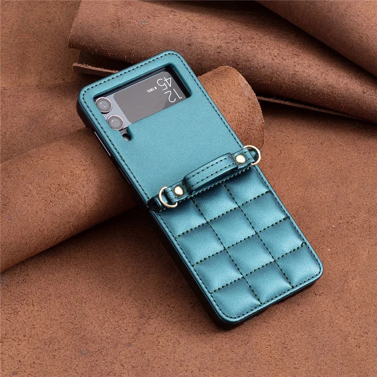 For Samsung Galaxy Z Flip4 5G Phone Case Square Grid Leather Cover with Shoulder Strap