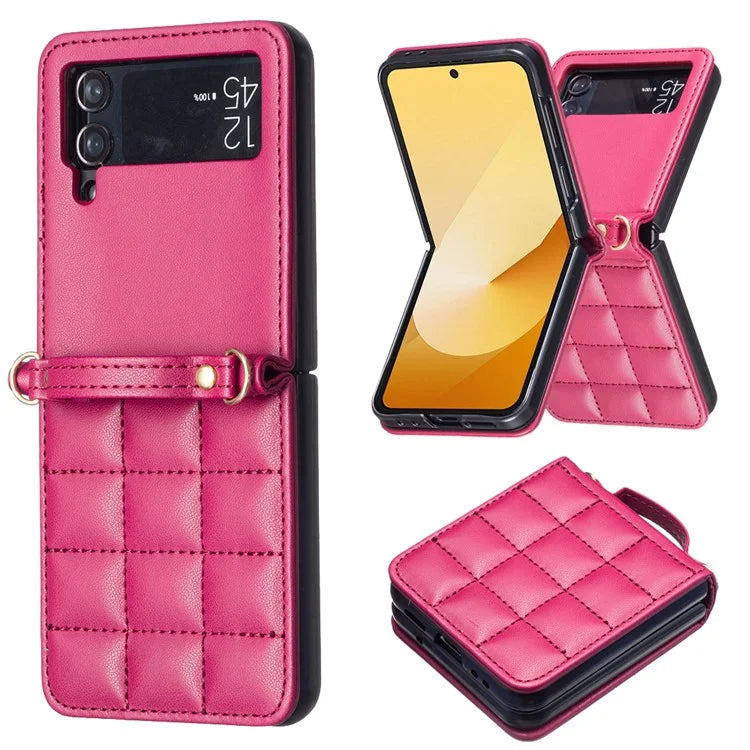 For Samsung Galaxy Z Flip4 5G Phone Case Square Grid Leather Cover with Shoulder Strap