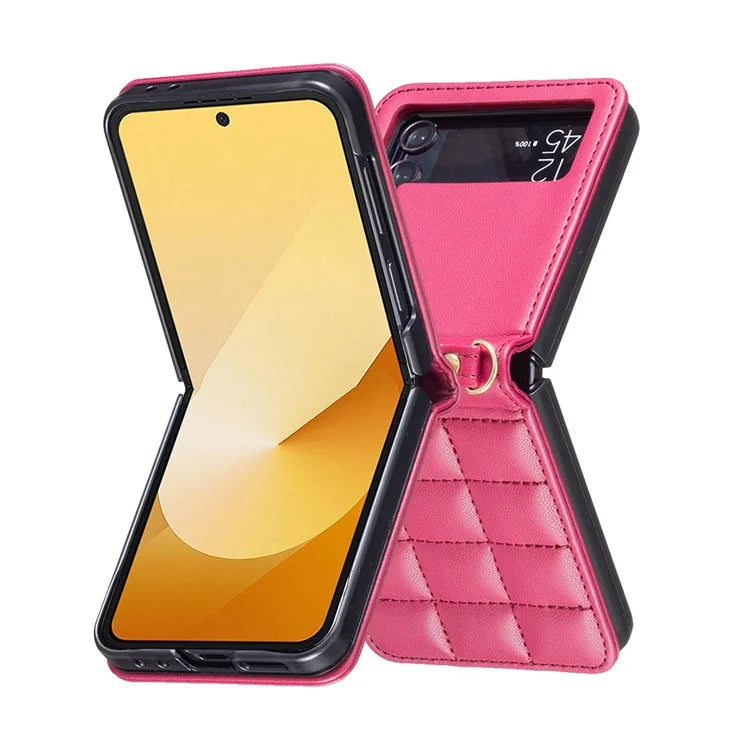 For Samsung Galaxy Z Flip4 5G Phone Case Square Grid Leather Cover with Shoulder Strap