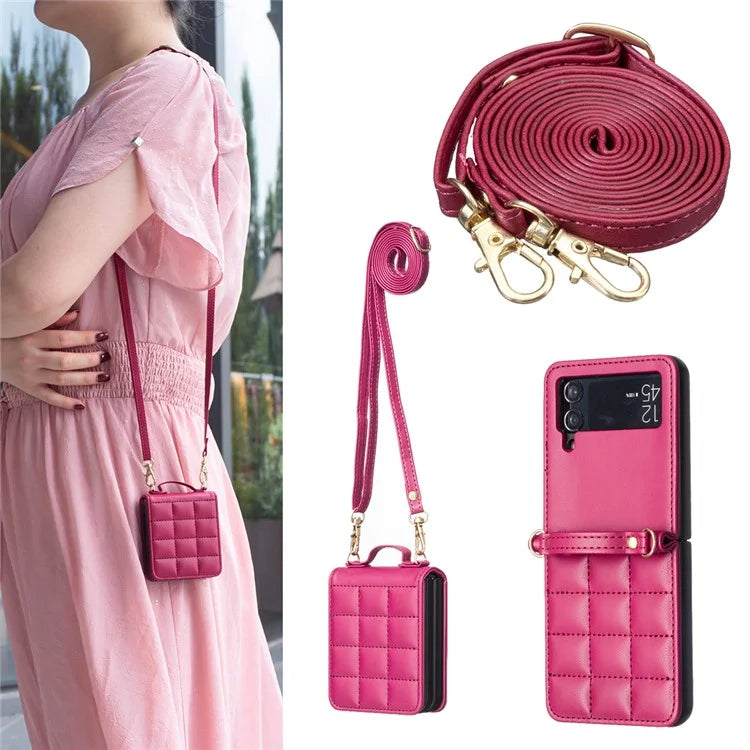 For Samsung Galaxy Z Flip4 5G Phone Case Square Grid Leather Cover with Shoulder Strap