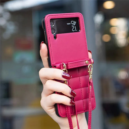 For Samsung Galaxy Z Flip4 5G Phone Case Square Grid Leather Cover with Shoulder Strap
