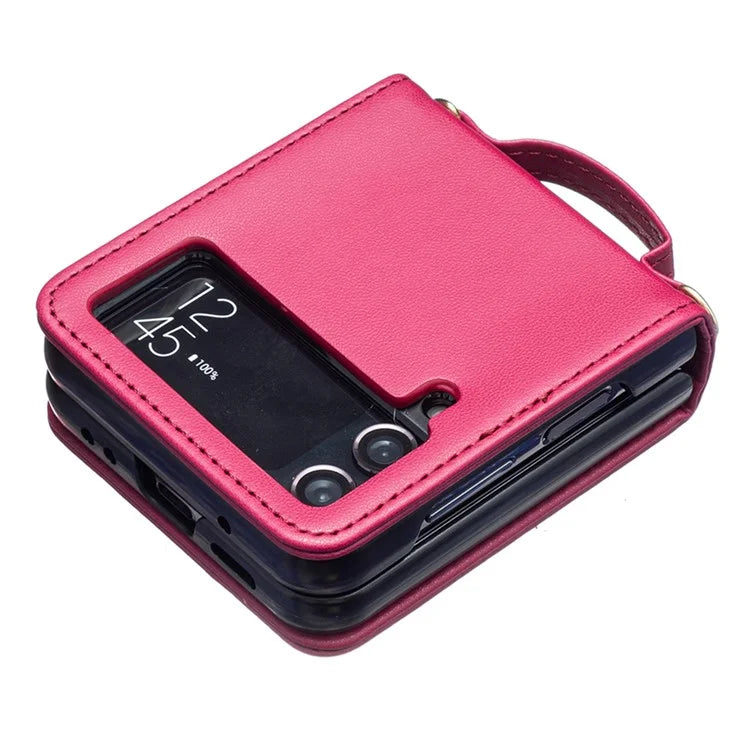For Samsung Galaxy Z Flip4 5G Phone Case Square Grid Leather Cover with Shoulder Strap
