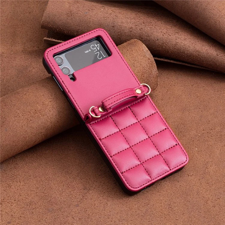For Samsung Galaxy Z Flip4 5G Phone Case Square Grid Leather Cover with Shoulder Strap