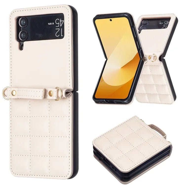 For Samsung Galaxy Z Flip4 5G Phone Case Square Grid Leather Cover with Shoulder Strap