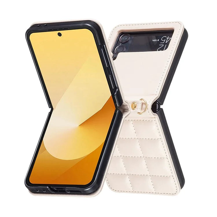 For Samsung Galaxy Z Flip4 5G Phone Case Square Grid Leather Cover with Shoulder Strap
