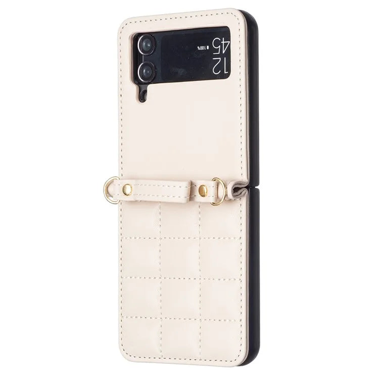 For Samsung Galaxy Z Flip4 5G Phone Case Square Grid Leather Cover with Shoulder Strap