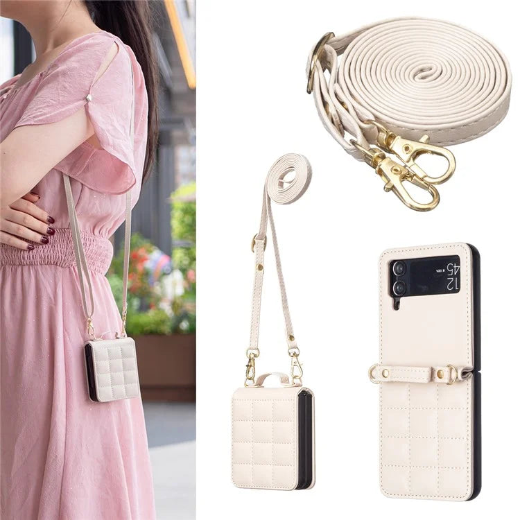 For Samsung Galaxy Z Flip4 5G Phone Case Square Grid Leather Cover with Shoulder Strap