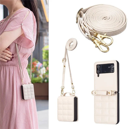 For Samsung Galaxy Z Flip4 5G Phone Case Square Grid Leather Cover with Shoulder Strap