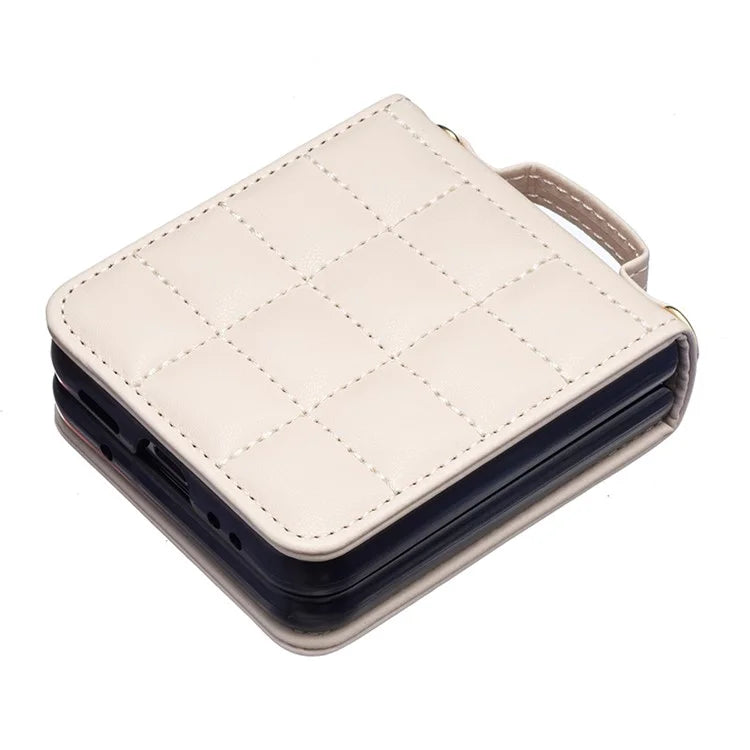 For Samsung Galaxy Z Flip4 5G Phone Case Square Grid Leather Cover with Shoulder Strap