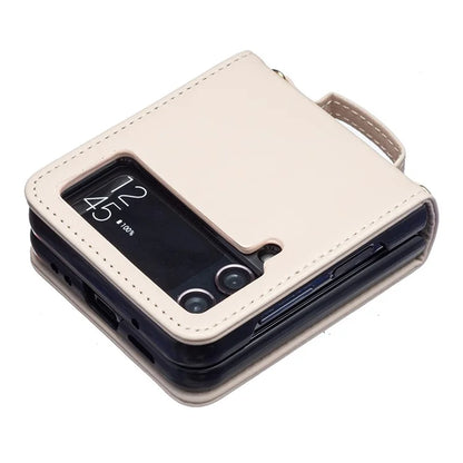 For Samsung Galaxy Z Flip4 5G Phone Case Square Grid Leather Cover with Shoulder Strap