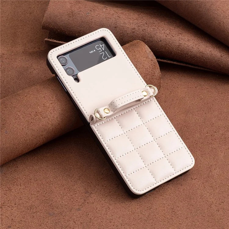 For Samsung Galaxy Z Flip4 5G Phone Case Square Grid Leather Cover with Shoulder Strap