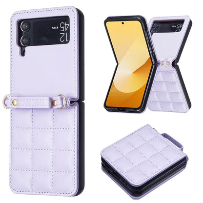 For Samsung Galaxy Z Flip4 5G Phone Case Square Grid Leather Cover with Shoulder Strap