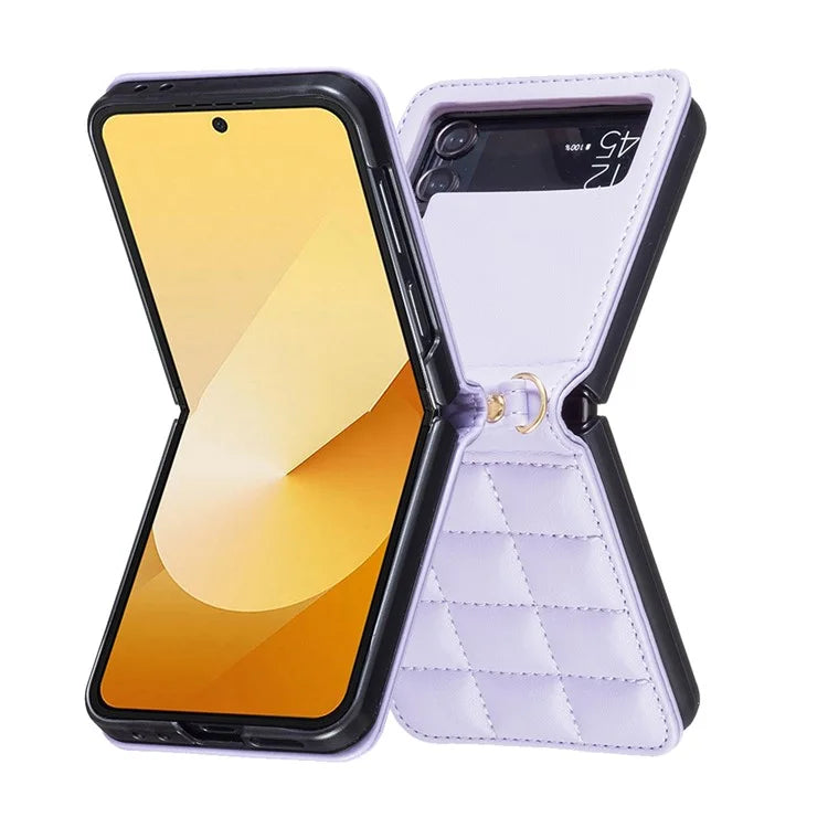For Samsung Galaxy Z Flip4 5G Phone Case Square Grid Leather Cover with Shoulder Strap