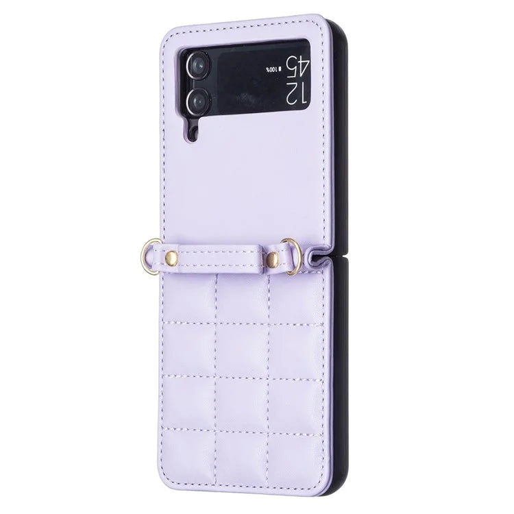 For Samsung Galaxy Z Flip4 5G Phone Case Square Grid Leather Cover with Shoulder Strap