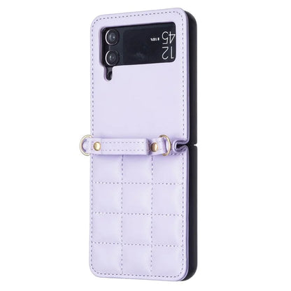 For Samsung Galaxy Z Flip4 5G Phone Case Square Grid Leather Cover with Shoulder Strap